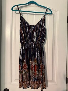 Navy Boho Print Spaghetti-Strap Mini Dress